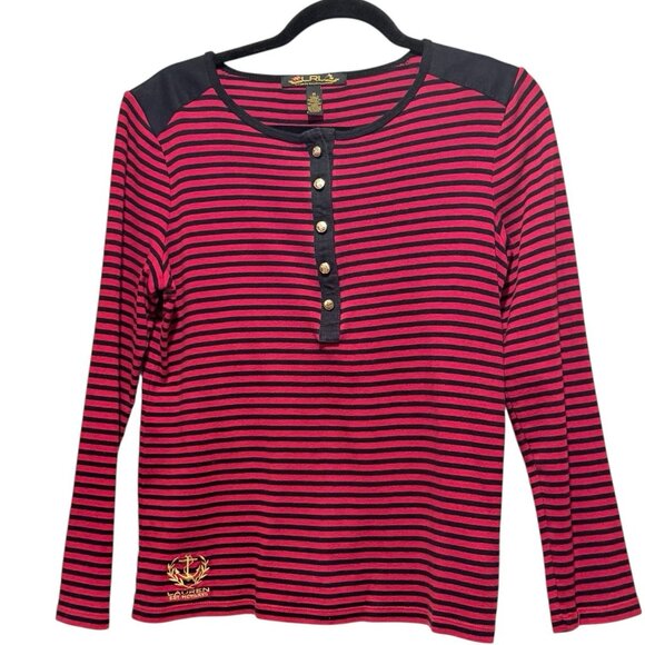 Lauren Ralph Lauren Womens Medium Embroidered Crest Red Striped Long Sleeve Top - Picture 2 of 10